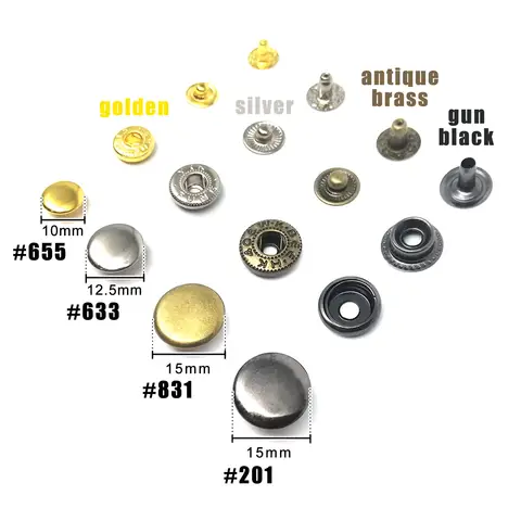 50set #633 655 831 201 10/12/15mm Metal No Sew Press Fastener Popper Snap Button for Leather Bag Clothes Jacket Coat Repair Tool