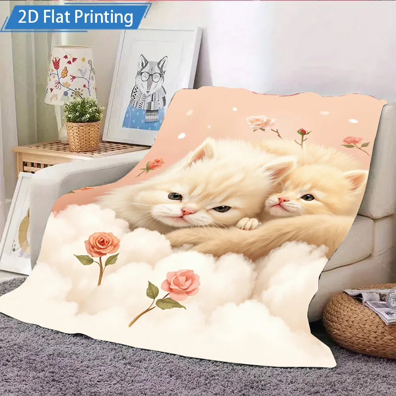 1 قطعة بطانية الفانيلا القطط لطيف على الغيوم الأزهار طباعة بطانية لينة مريحة الفراش رمي غطاء #4