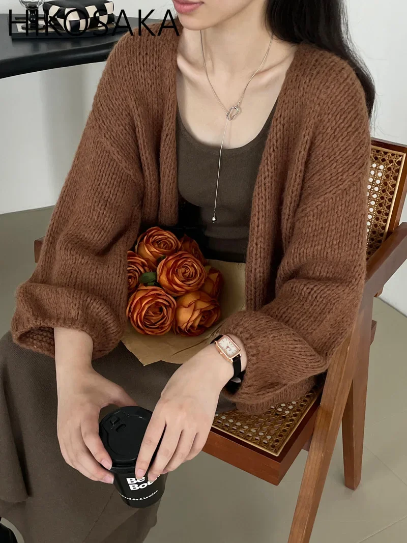 

Korean Chic Sweet Cardigan Coat Temperament Wool Puffed Sleeve Solid All-match Sweaters 2024 Autumn New Loose Jumpers Female