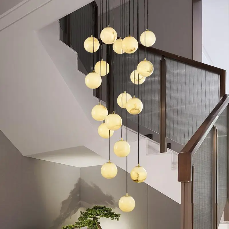 

2025 New Modern Staircase Decor Lighting Luxury Marble Chandeliers Duplex Villa Loft Dining Room Hall Living Room Pendant Lights