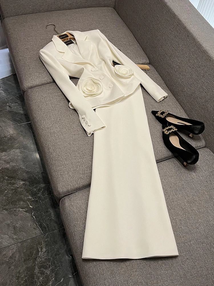 

Ele Floral V-Ne Suit Set with Wrap around Skirt in White Two-Piece Women's Faion Ensemble for Busin Commute