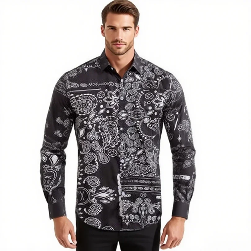 

Long-Sleeved Floral Bandana Shirt Men's Thin Autumn Fashion Brand Retro Handsome Versatile Oversize Hip Hop Beach Couple Shirt