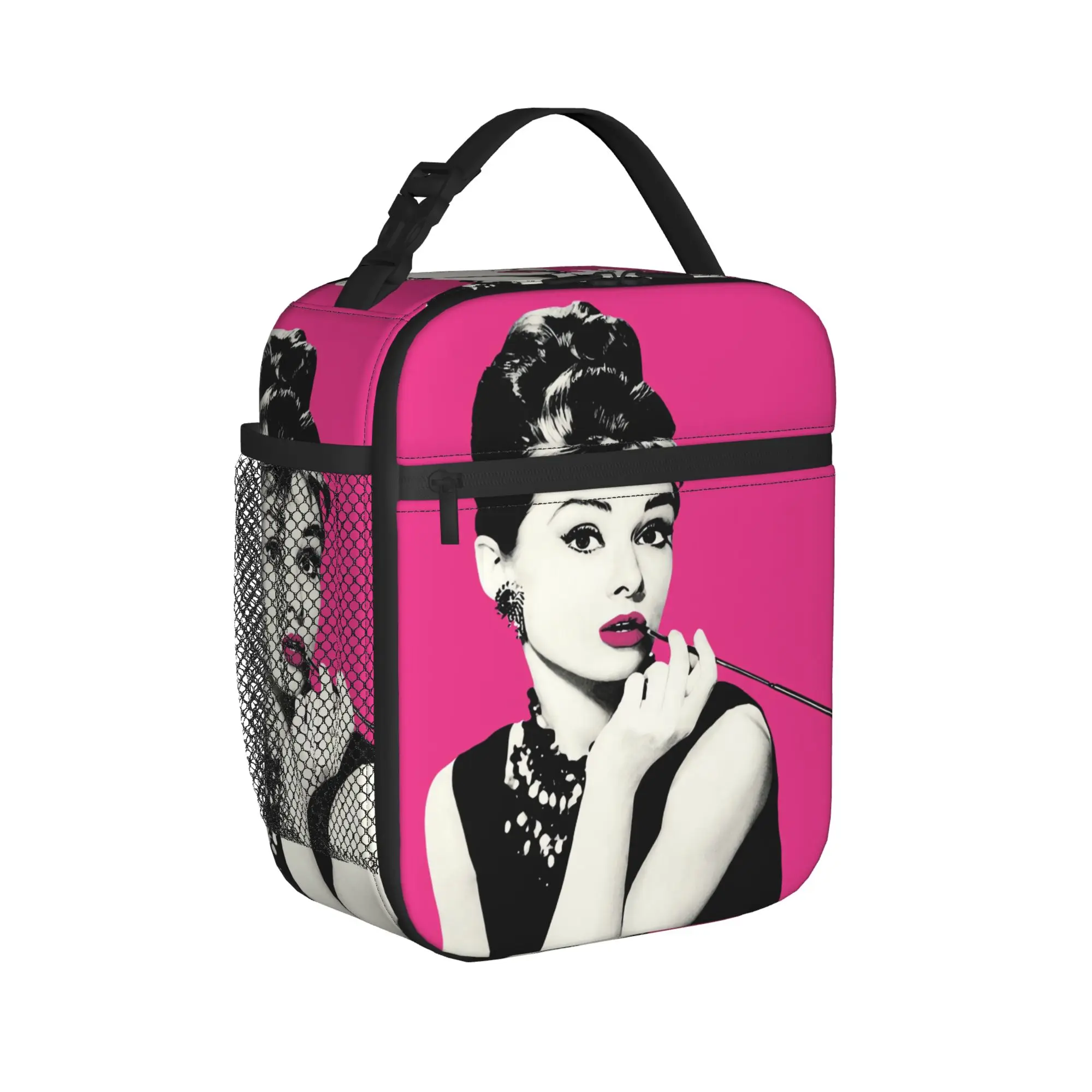 Audrey Hepburn Lunch Bag  Aesthetic Lunch Box Office Portable Zipper Thermal Tote Handbags For Men Oxford Print Cooler Bag