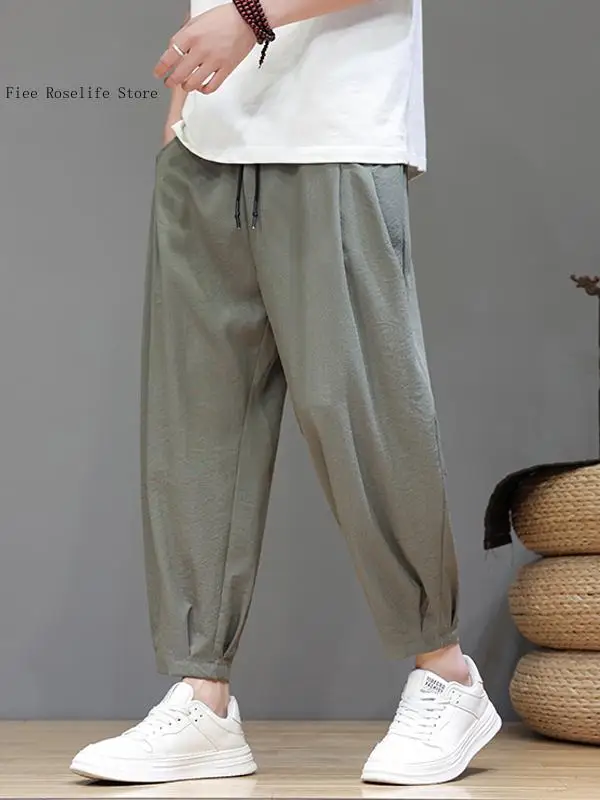 Summer and Autumn Pure Color Simple Thin Style Loose Nine Point Casual Versatile Sports Small Foot Pants for Men