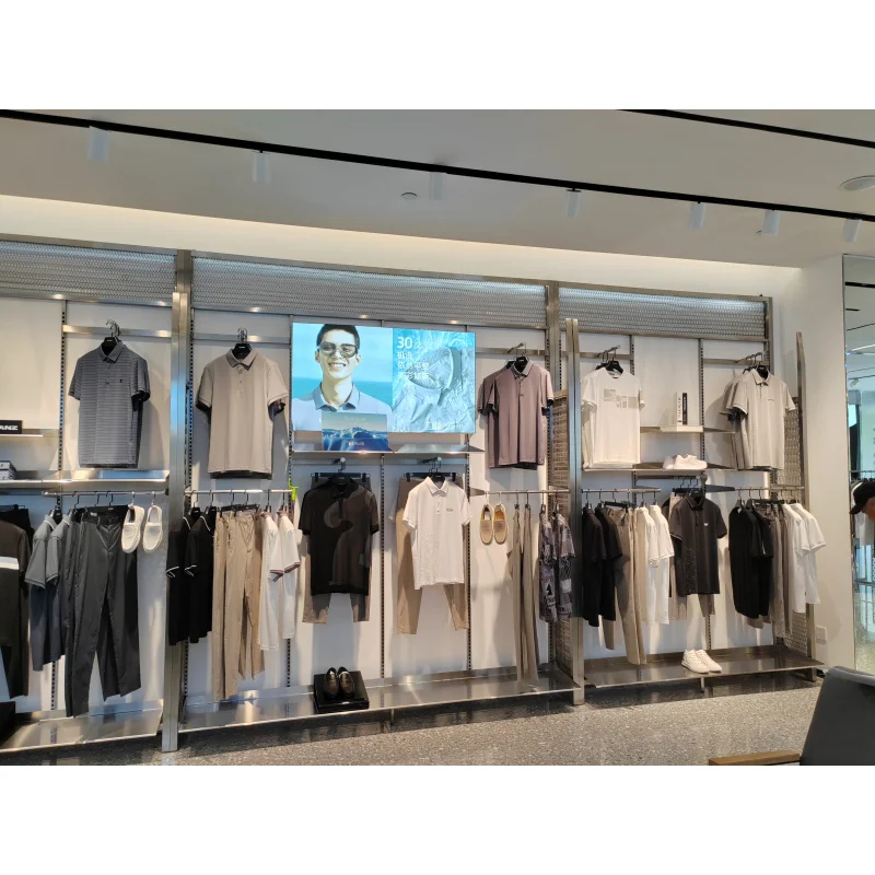 custom.HongMing Display Customized Modern Stainless Steel Retail Display Racks Garment Store Commercial Clothing Sh
