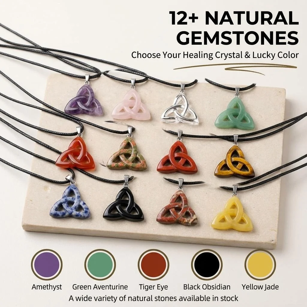38MM Triquetra Celtic Knot Natural Crystal Pendant Wax Cord Chakra Healing Stone Irish Symbol Necklace Spiritual Jewelry Gift