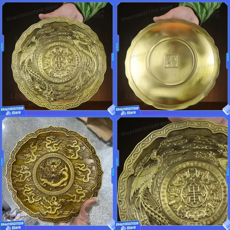 Solid Brass Dragon Phoenix Fruit Plate Traditional Chinese Kowloon Pattern Decorative Tray for Home Living Room Centerpiece