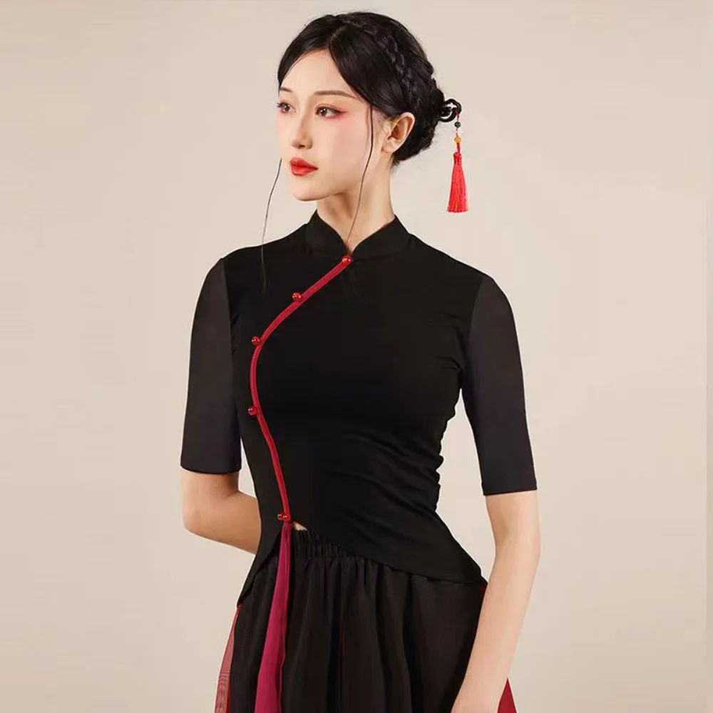 Fashion Women Chinese Folk Dance Costumes Stage Performance Clothes Mid-Length Sleeve Split Dress Chinese Dance Costumes