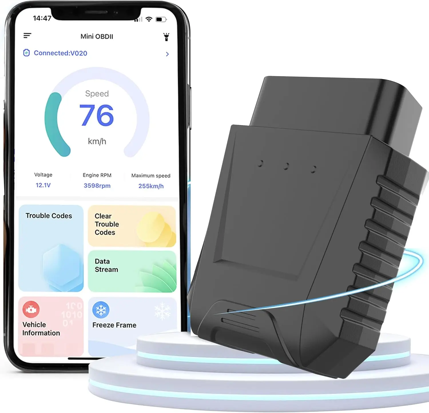 ماسح ضوئي بلوتوث OBD2 للسيارات - قارئ رمز لاسلكي لهواتف iPhone/Android، قراءة/واضح رموز الخطأ والبيانات المباشرة، تطبيق مجاني