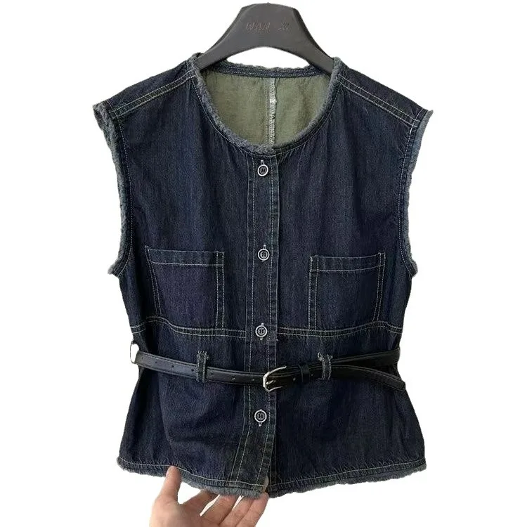 Vintage Burr Belt Waist Sleeveless Denim Vest Fashion High-end Top Female Jeans Jacket Buttons Chaleco Mujer Women Waistcoat