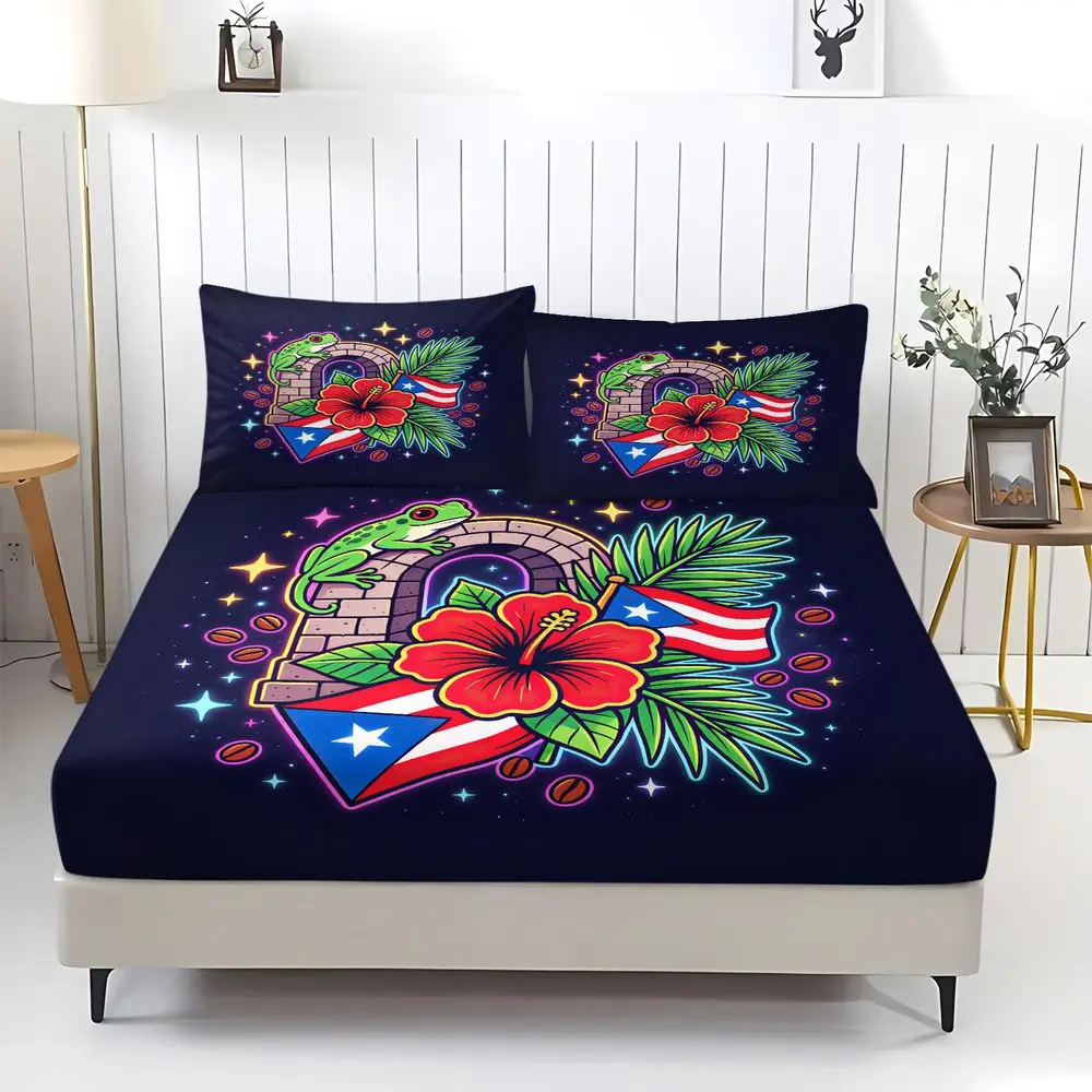 Neon 6 Bridge Frog Hibiscus Puerto Rico Flag Print Fitted Sheet Set Bed Sheet Set Digital Printing Elastic Bedding Set for Dorm