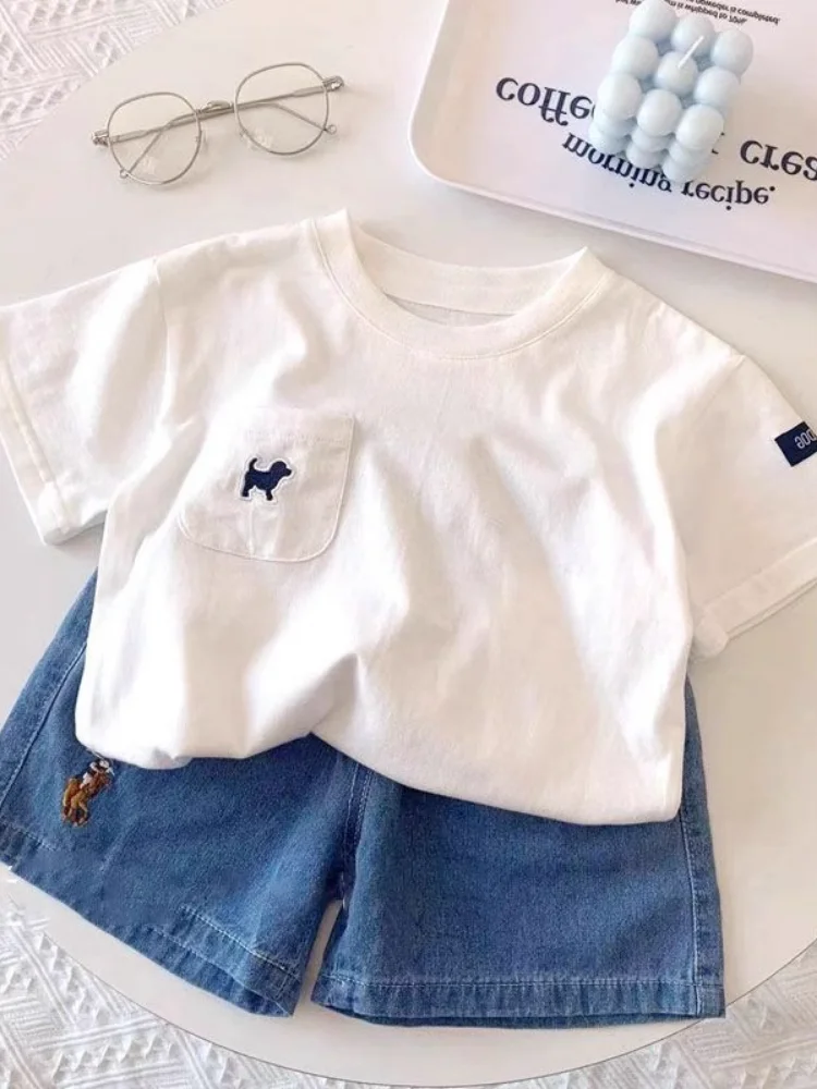 

Свободная футболка для маленьких мальчиков f Sve Summer New Sle Pure Cotton White ort Sve Top Детский модный комплект на весну 2025 г.