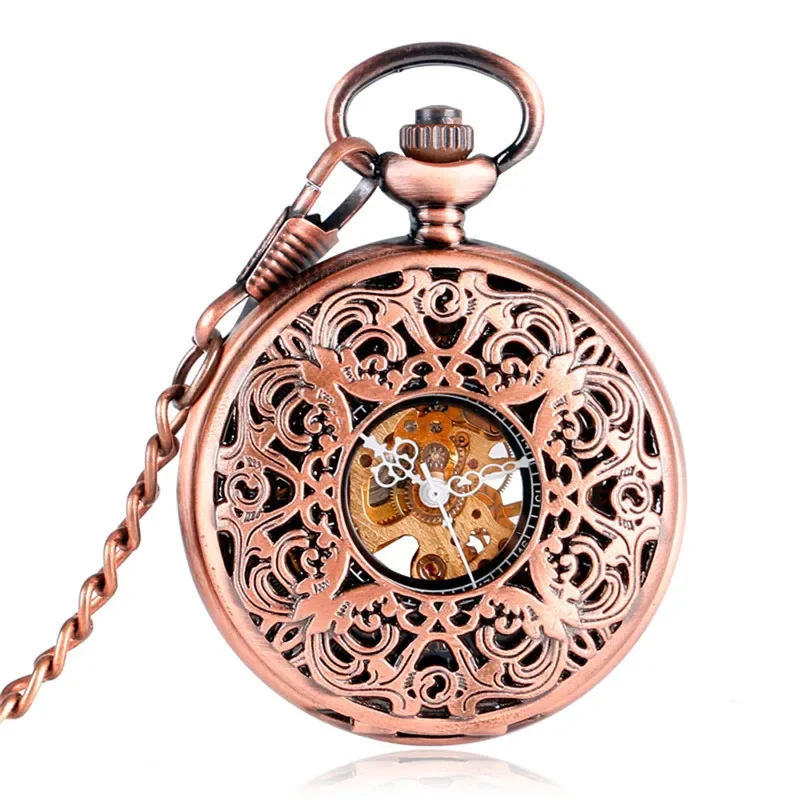 Vintage Rose Gold Pocket Watch Skeleton Handwinding Mechanical Clock Carving Flower Design Pendant Chain Roman Number Dial Gift