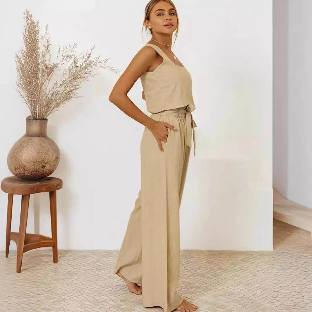 

Summer Linen Svel Top Wide Leg Pants Set Two Piece Set Faion Cotton Linen Cross-Border Women's Wear Casual Vest