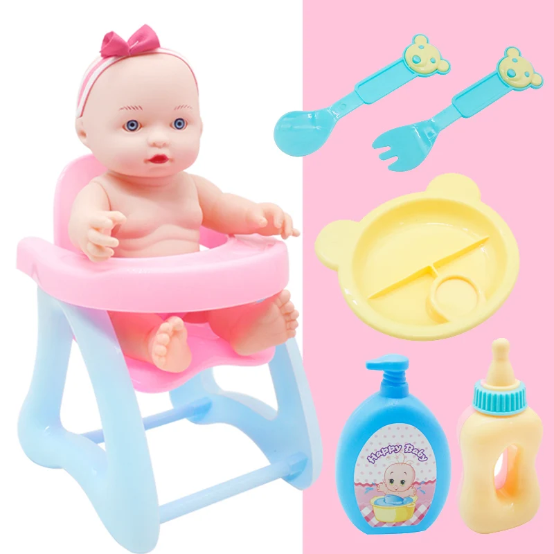 9 Inches Baby Dolls Realistic Girl's Doll with Detachable Headwear Big Chair Cutlery Shampoo Milk Bottle 6pcs Cute Doll Playset