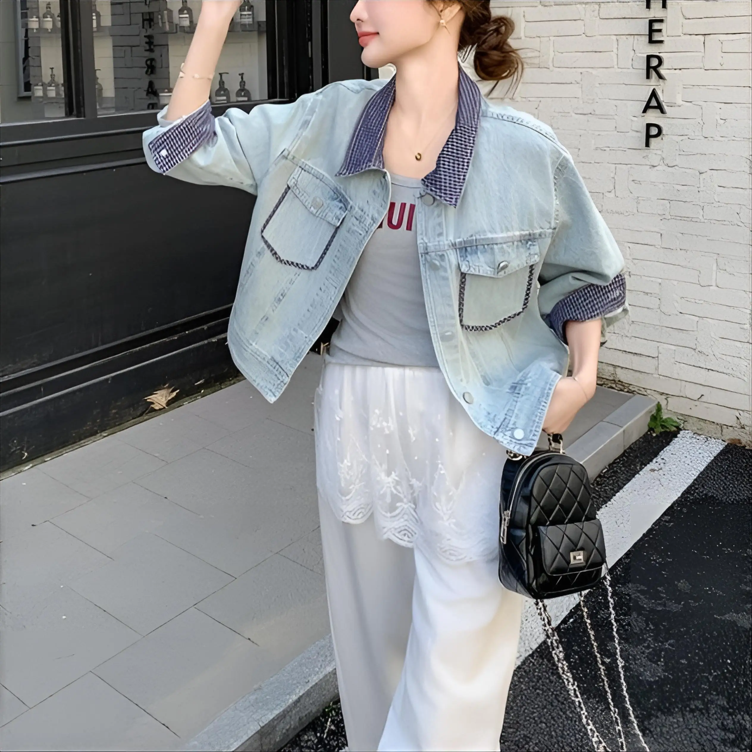 

Джинсовое пальто, водолазка, однобортное, женское, осеннее, с поясом, плиссированное, в клетку, в стиле пэчворк, большого размера, для колледжа, профессиональная, эластичная