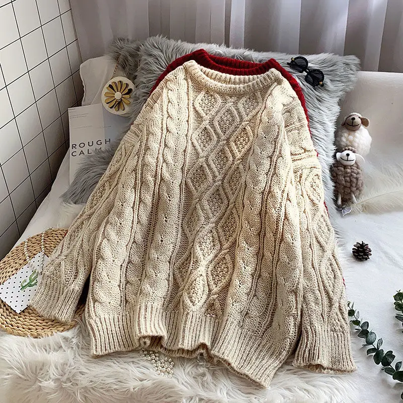 Autumn and Winter Korean Version Loose Medium Length Diamond Fried Dough Twists Thickened Student Knitting Lazy Style Sweater