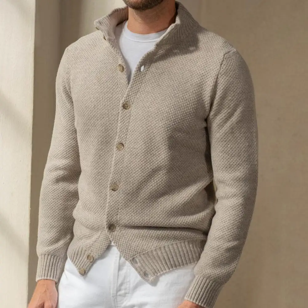 Cardigan de malha masculino com gola alta, botões de peito único, casaco monocromático, outono, inverno