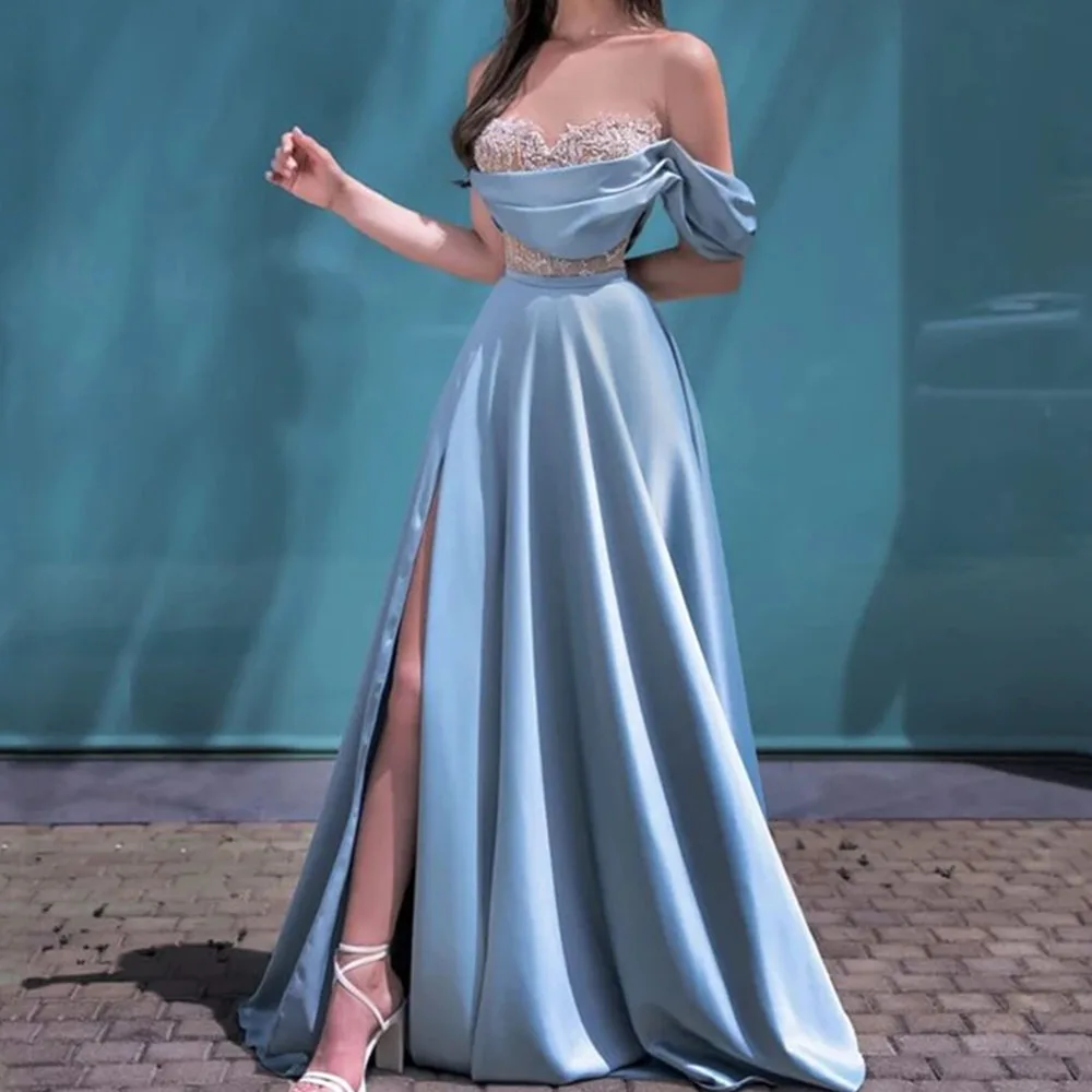 Classic Simple Light Blue Satin Evening Women Dress Side Slit Sweetheart Off Shoulder Slimming Pretty Formal Occasion Dresses