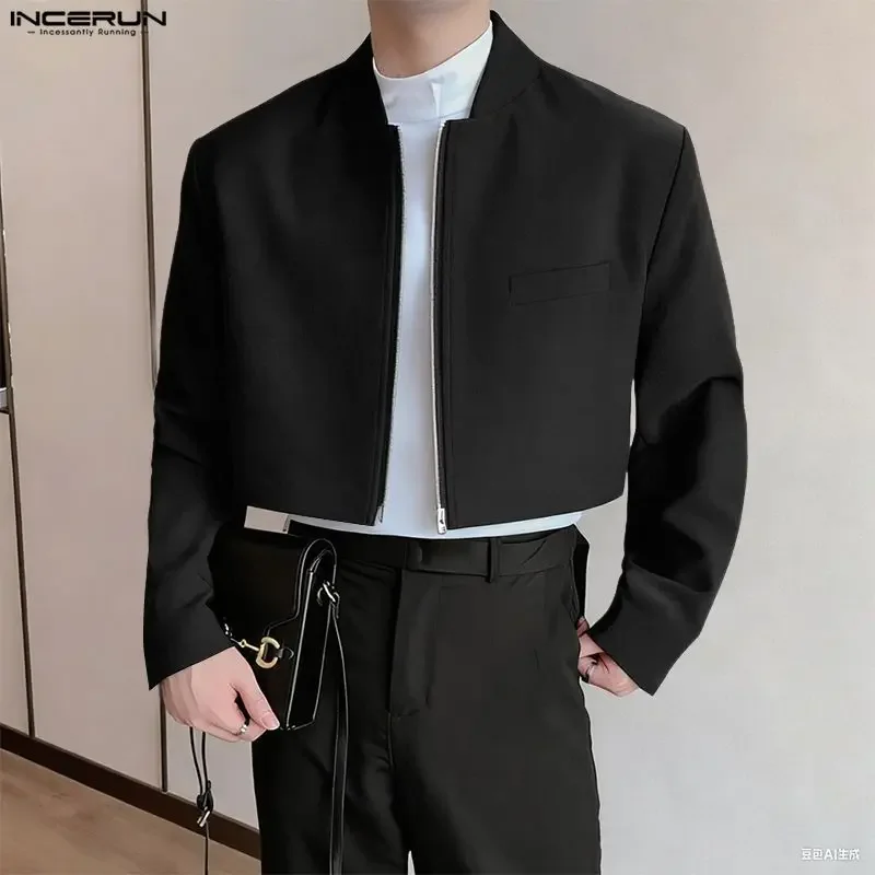 

INCERUN Men Blazer Solid Color Stand Collar Long Sleeve Zipper Male Suit Streetwear 2026 Spring Fashion Casual Crop Coats Men