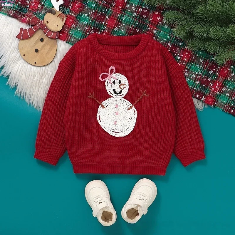 

Toddler Kids Clothes Christmas Sweater for Girls Hand Embroidered Snowman Pattern Knit Top 3-6Y Kids Boys Festive Winter Outfit