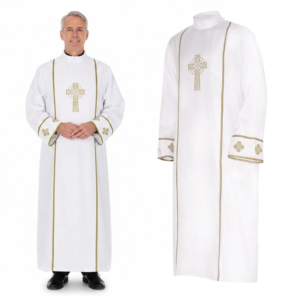 

Priest Robes Religious Costume Men Liturgical Robe Halloween Celtic Cross Embroidered Long Tunic Catholic Church Costumes