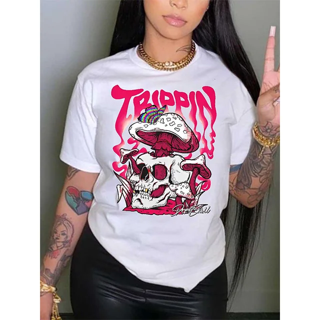 

Summer Hot O-Neck Ladies T-Shirt Fashion Skull Mushroom Graffiti Print Loose Fit Casual Sports Y2K Style Wholesale Supply
