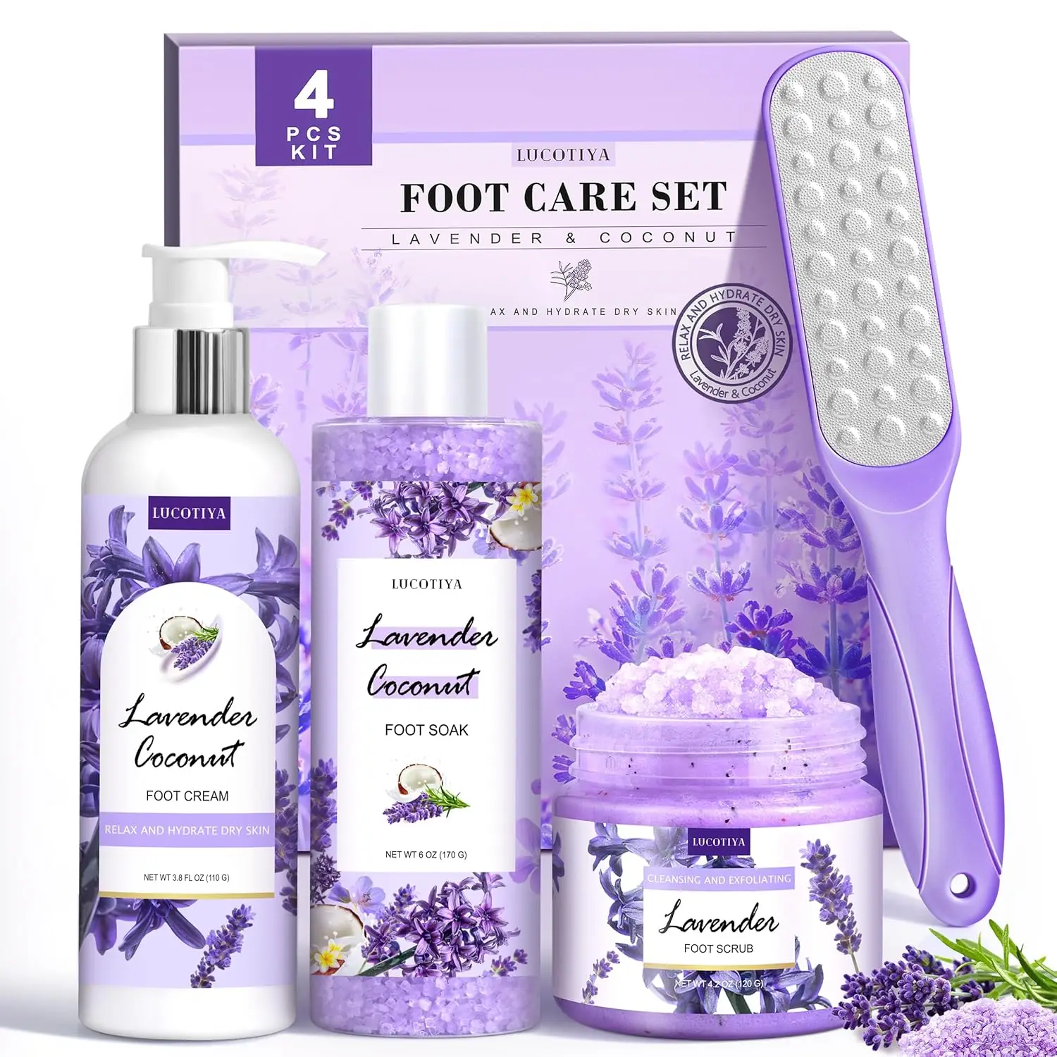 

Lavender Foot Soak Set with Salts, File, Scrub & Urea Cream for Dry Cracked Feet - Women's Spa Kit
