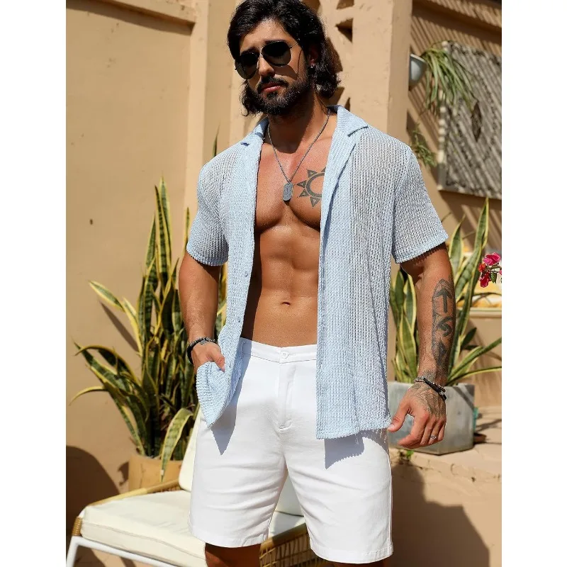 Sexy Hollow Out Knitted Shirt Lapel Men Summer Breathable See-through Beach Tops Mens Short Sleeve Shirts Button Streetwear Chic