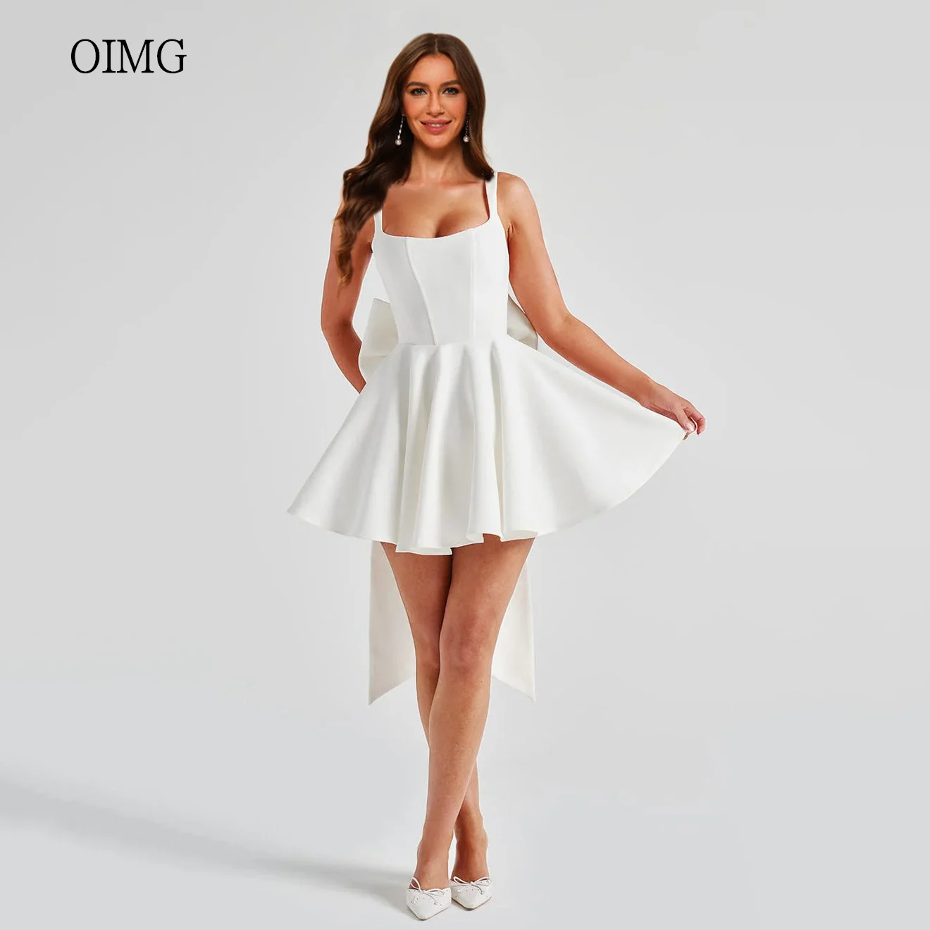 

OIMG Tailored A-line Prom Gowns Wide Strap Bow Back Evening Dress Short Homecoming Dress vestidos de verano Customized