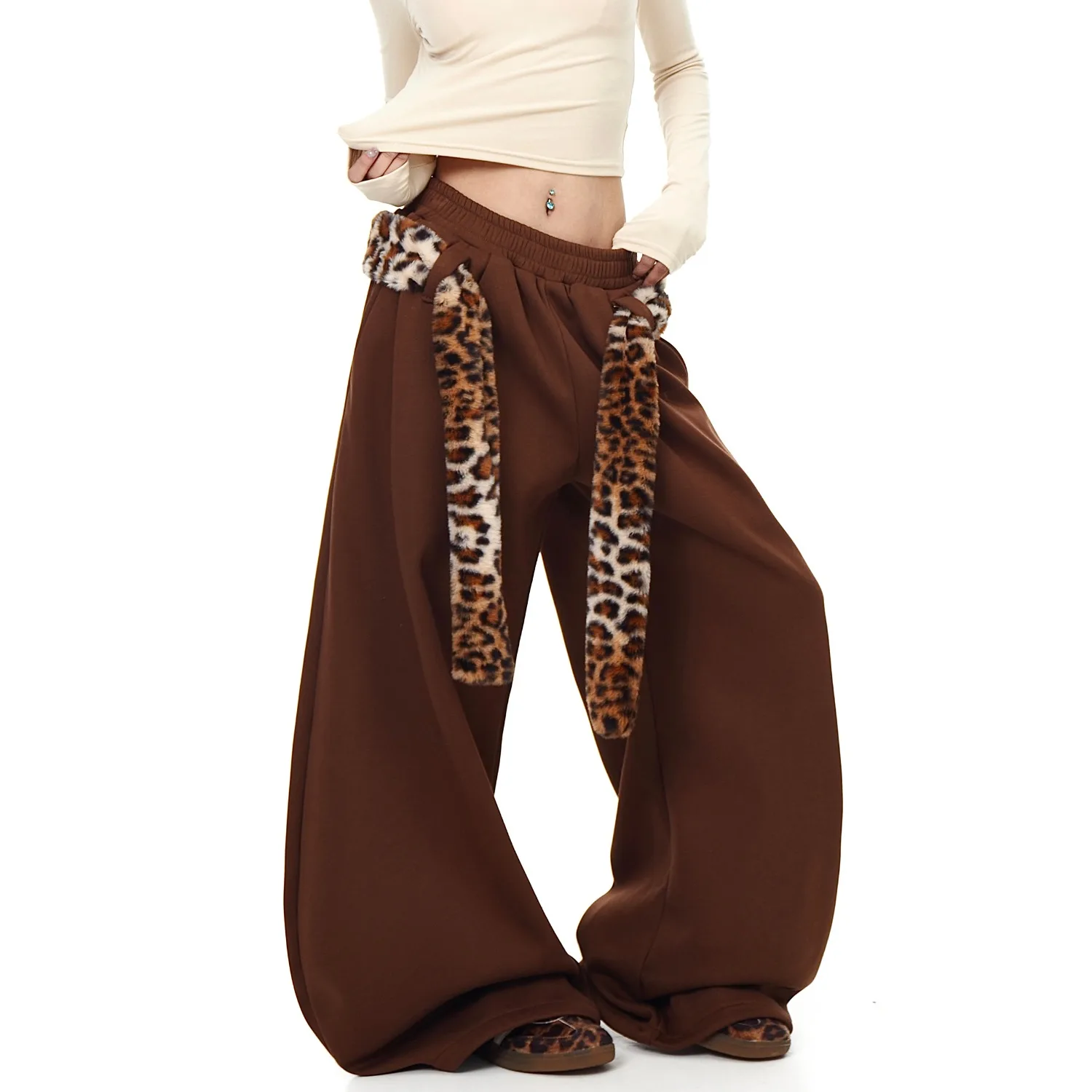 กางเกงขายาวทรงกระบอกพิมพ์ลายเสือดาวสไตล์อเมริกันย้อนยุค แต่งขนเฟอร์ สำหรับผู้ชายและผู้หญิง เหมาะสำหรับเต้นแจ๊ส บุผ้ากำมะหยี่ ขากว้าง ทันสมัย