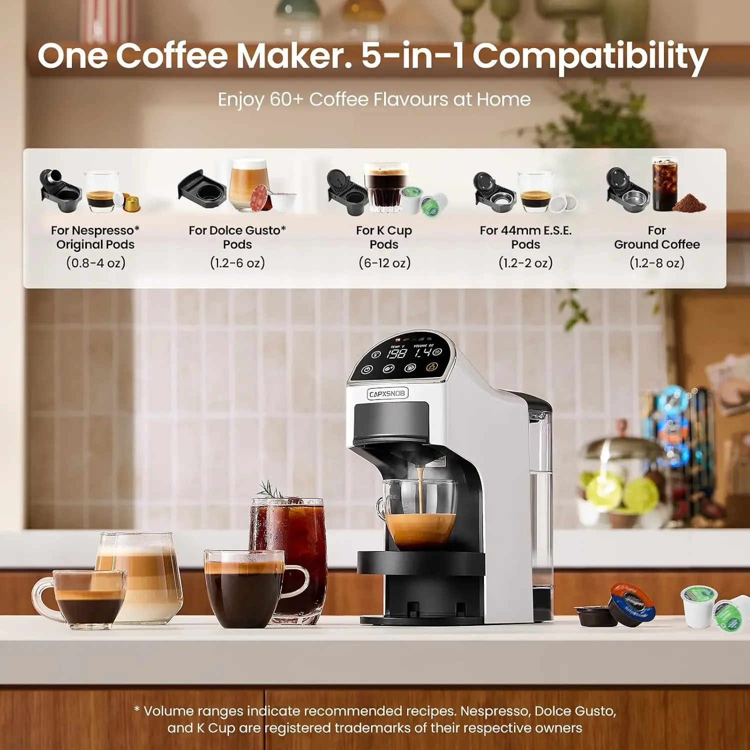 USA Stock Magician2 5-In-1 Mini Coffee Maker, 20 Bar, Led Touch, 42Oz Tank, Fits K Cup/Nespresso/Dolce Gusto & Ese Pods, Adjusta