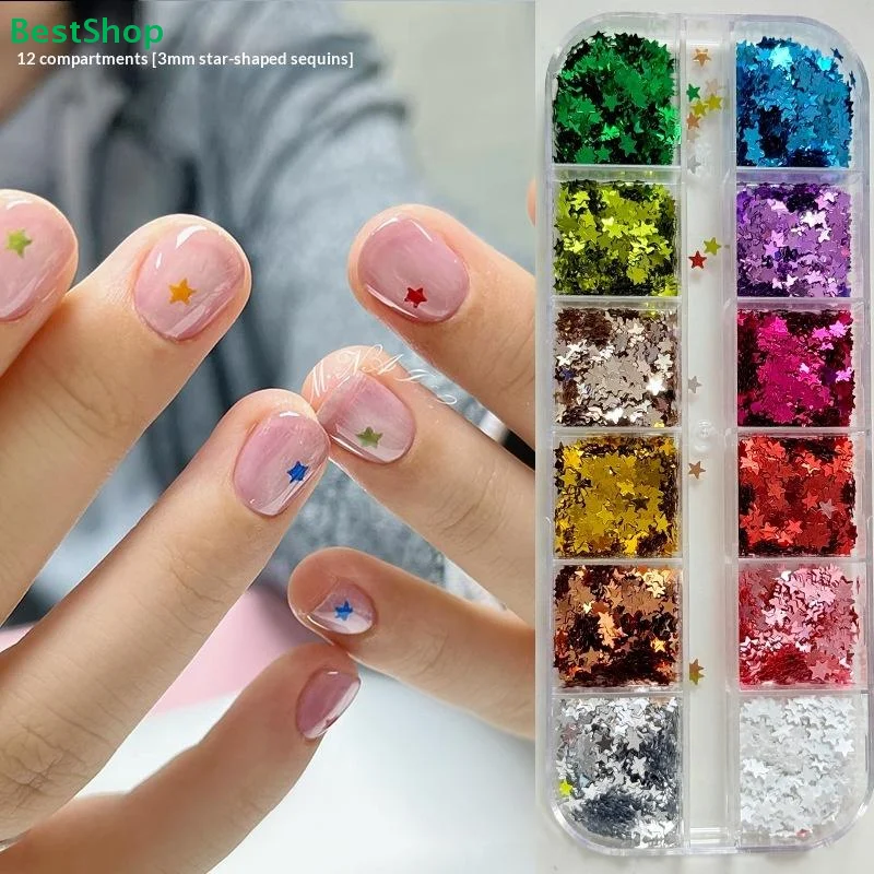♥ مجموعة لامعة لفن الأظافر على شكل نجمة مكونة من 12 حجرة مقاس 2 مم |   ترتر متعدد الألوان لديكور المانيكير