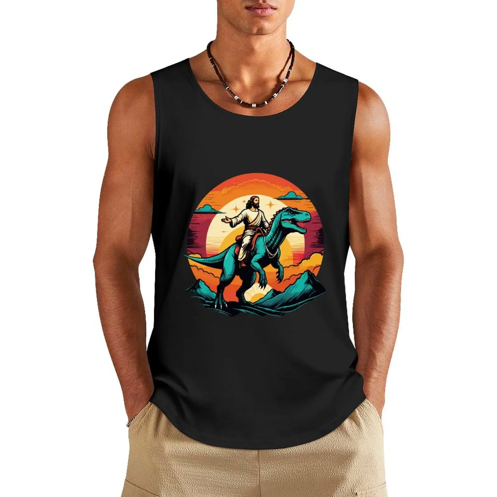 

Jesus riding dinosaur Tank Top Sportswear for men T-shirt man Gym wear vests for men