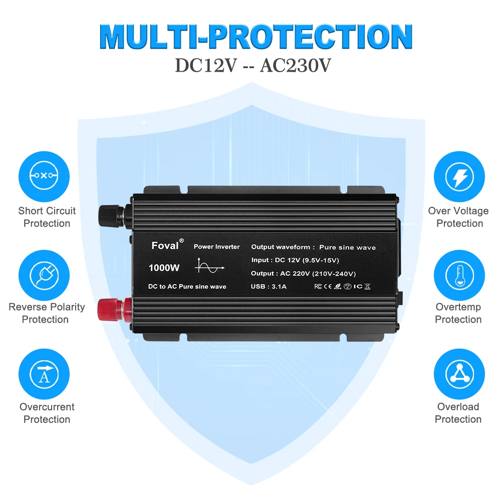 Pure Sine Wave DC 12V To AC 220V 50Hz/60Hz 1000W Car Power Inverter Transformer Converter With 3.1A Dual USB Universal/EU Socket
