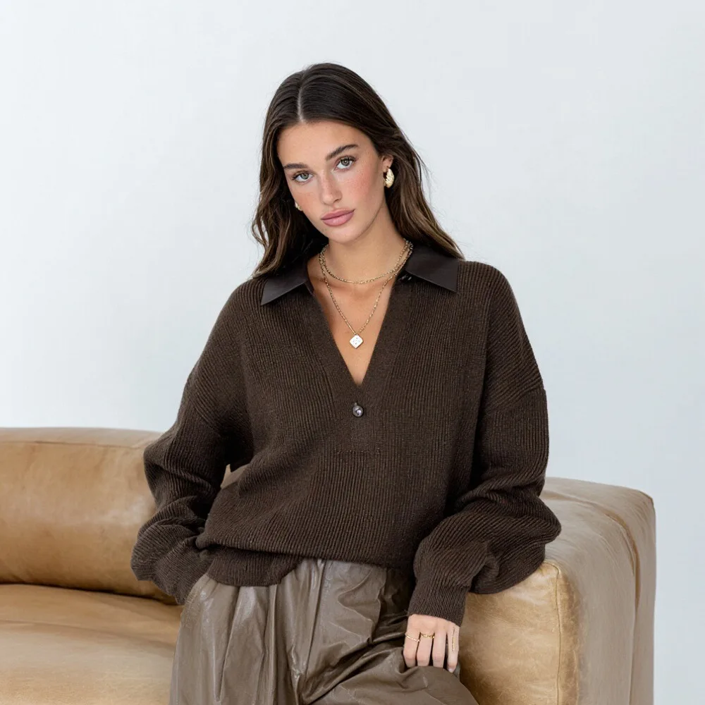 

Свободный свитер с длинными рукавами, осенний повседневный стиль, отложной воротник, женский топ с прямыми рукавами, модное весеннее платье