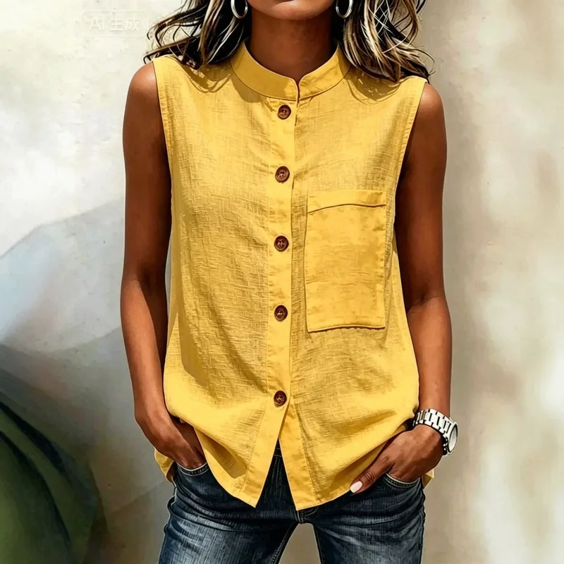 

2026 Retro Cotton and Linen Stand Up Collar Vest Top Elegant Single Breasted Large Pocket Office Chic Shirt Vacation Streetwear