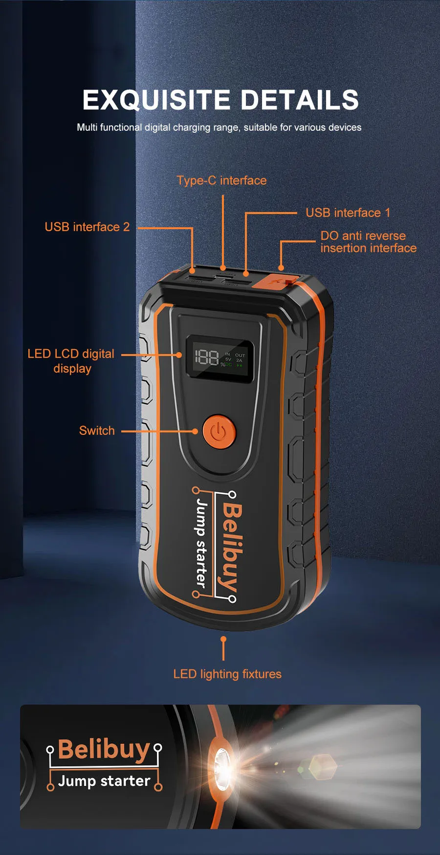 12V Auto-Starthilfe, Tragbare Notfall-Starter-Powerbank, Auto-Batterie-Booster, Autoelektronik-Zubehör für Notfälle – Detail 8