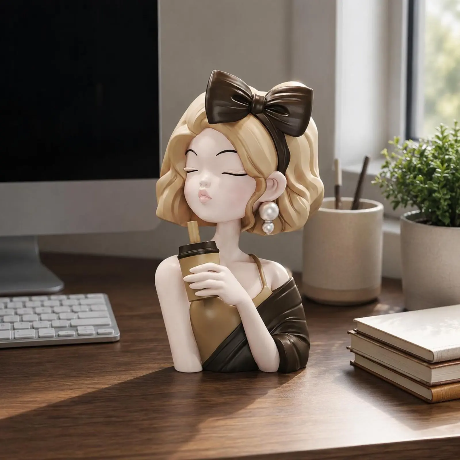 

Cartoon Girl Statue Birthday Gift Coffee Girl Ornament Female Bust Decor Cute Design Figurine Art Collection for Workspace