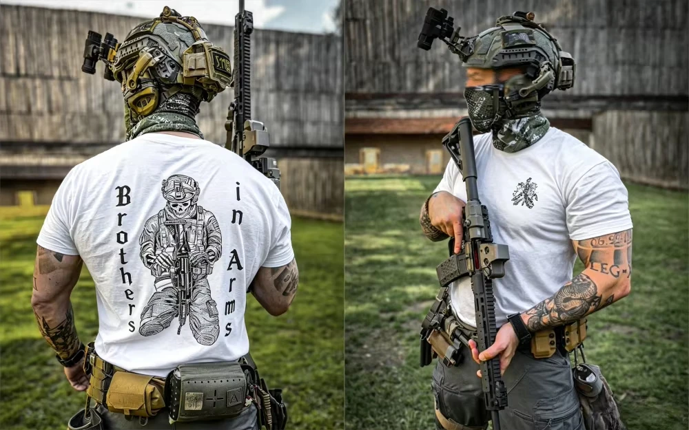 2026 Brothers in Arms Tactical Skull Soldier T Shirt Men Cotton Short Sleeve Military Double Sided Print Casual Training Tops