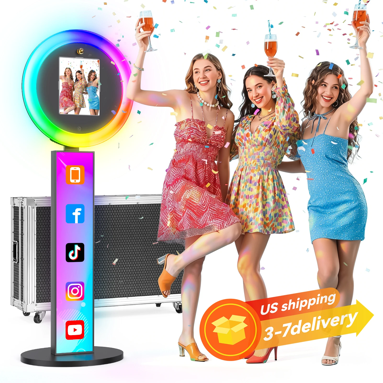 

Portable iPad Photo Booth For Birthday Party RGB Ring Light Photobooth Machine Via App Remote Control US Ship With Flight Case