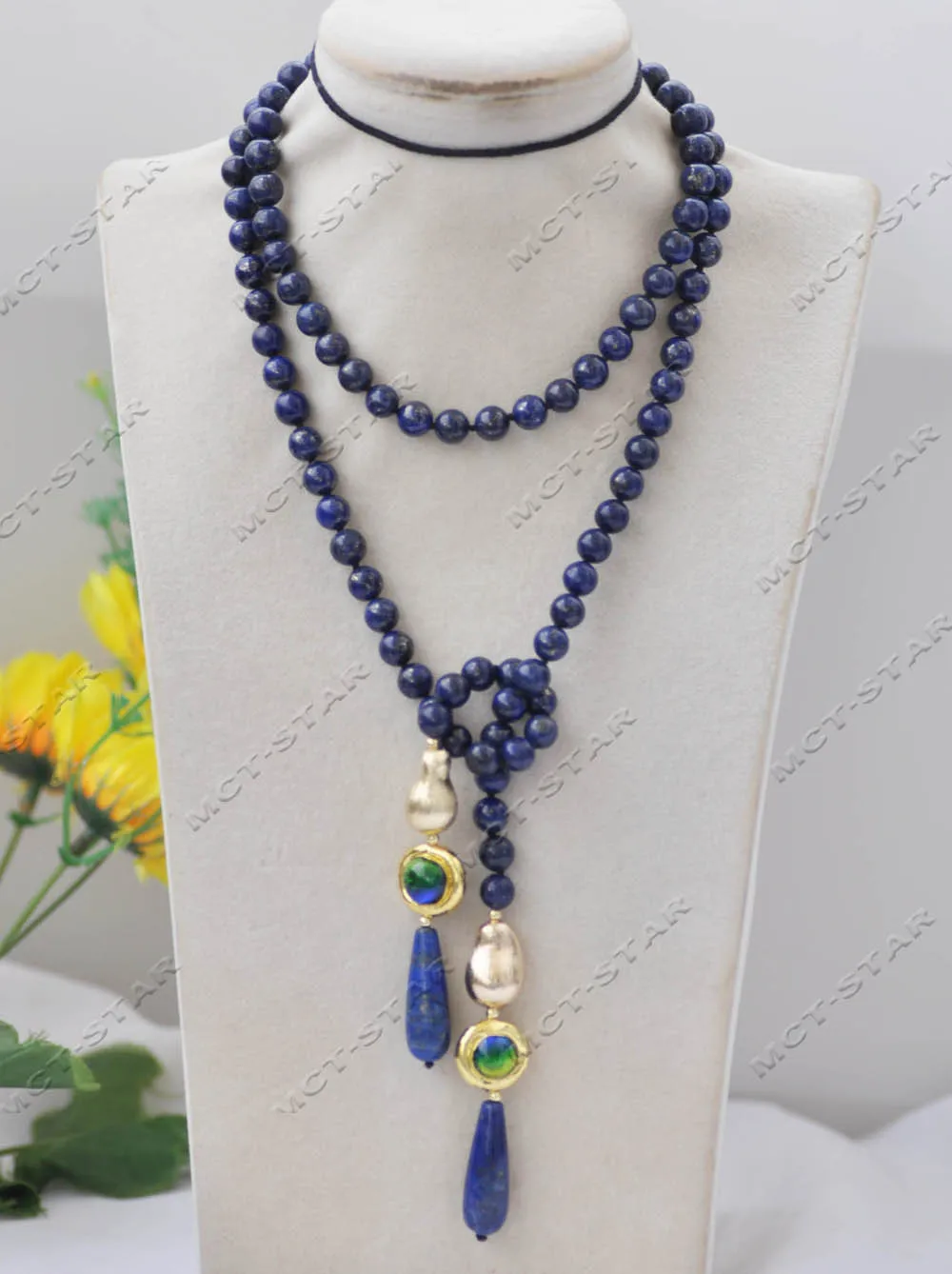 Z13262 39\'\' 28mm Blue Drop Round Lapis-Lazuli Gold-Plated Pearl Necklace Custom Jewelry