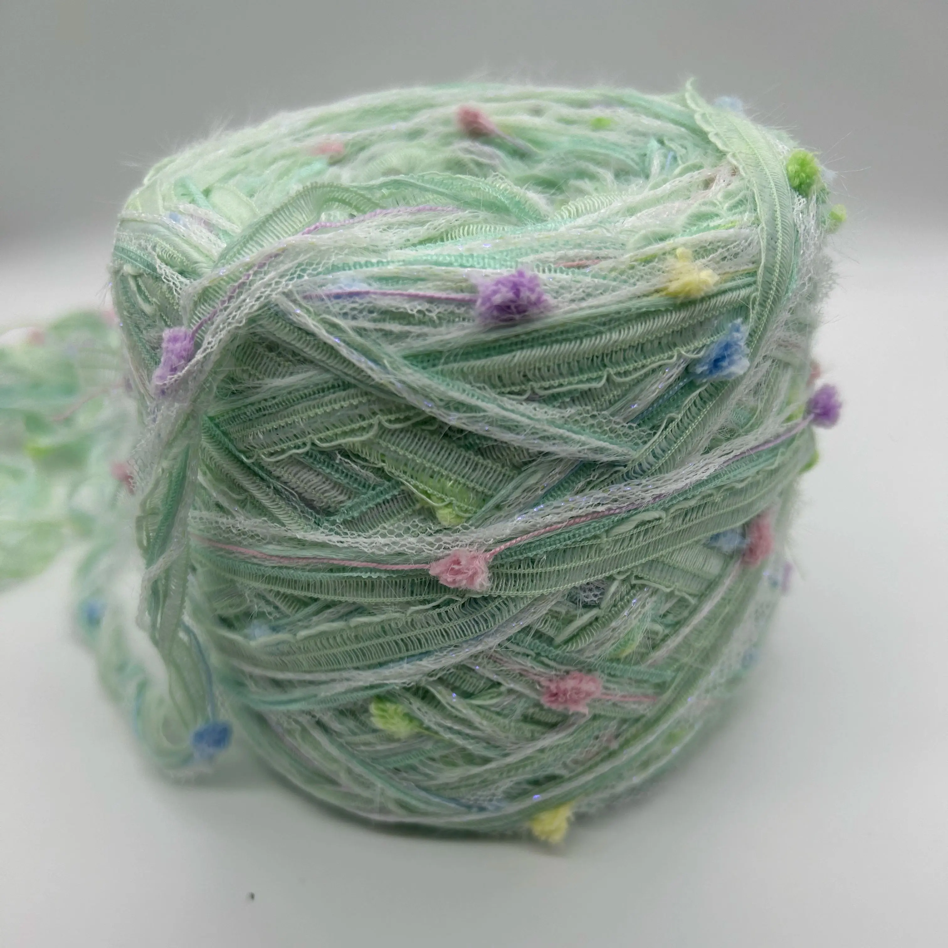 100g/50g Pastel Mint Green Hand Mixed Yarn with Colorful Pom Pom & Lace, Soft Mohair Fancy Blended Crochet Yarn for DIY Knitting