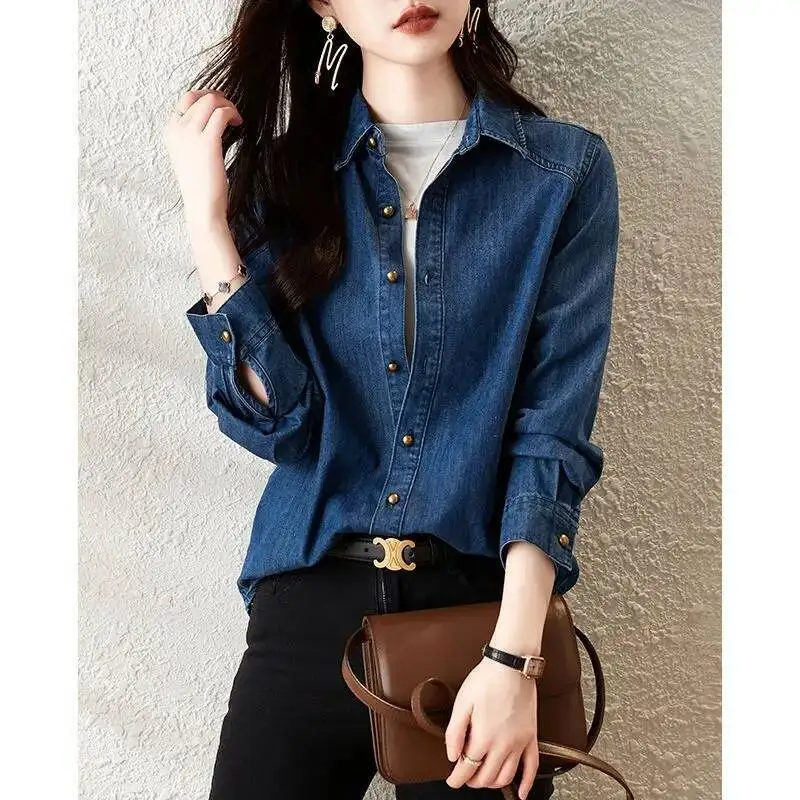 

Retro Collar Long Sve Denim Irt Women's Spring Autumn Faion Korean Sle Ele Slimming Outerwear