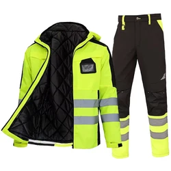 Hi Vis Working Clothes Winter Safety Jacket Waterproof High Visibility Safety Work Sets with Detachable Cotton Linner ﻿