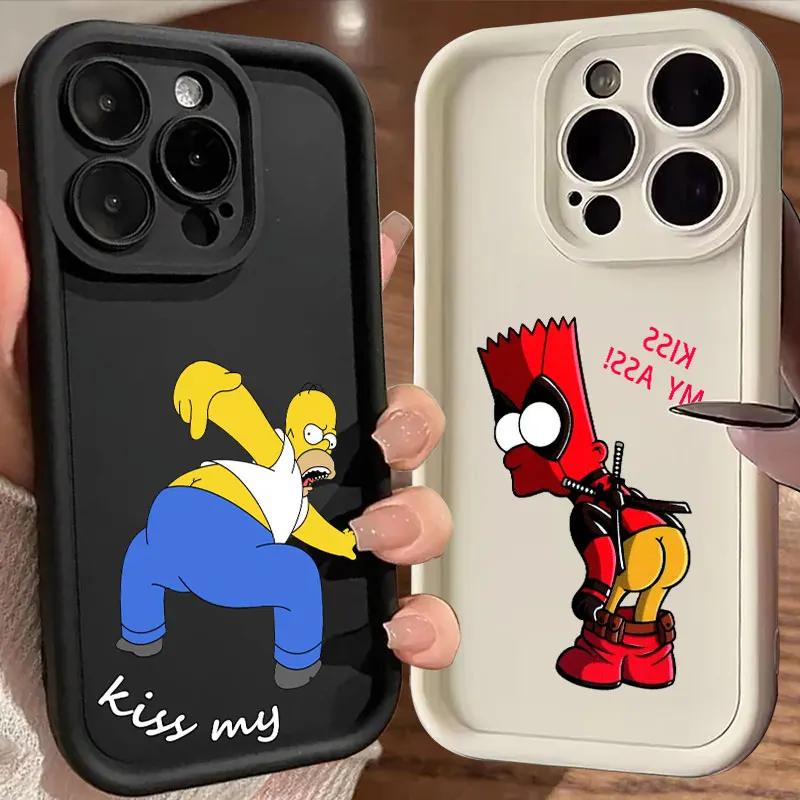 Funny Kiss My Ass The-Simpsons-Family Phone Case For iPhone 16 15 14 13 12 11 Pro Max Plus XS 7 8 SE2 Funda Soft Silicone Covers