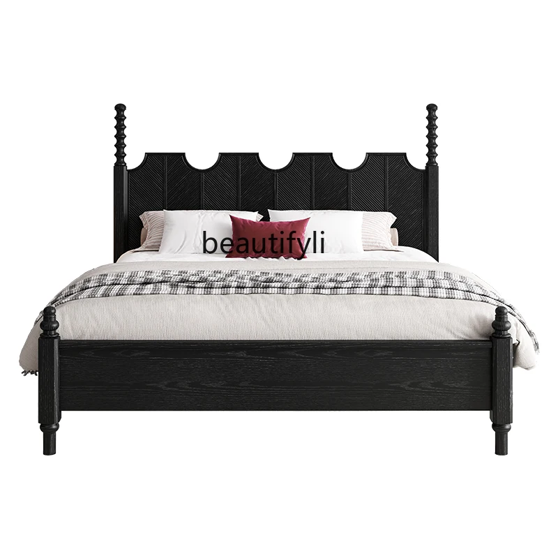 

American medieval solid wood carving flower wedding bed master bedroom black French retro 1.8 meters double bed