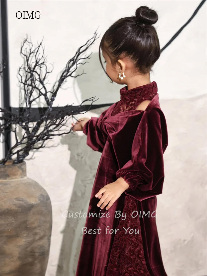 OIMG Burgundy Lace High Neck A Line Flower Girl Dresses Lantern Sleeves Bow Wedding Gown Floor Length Party Dress Customized
