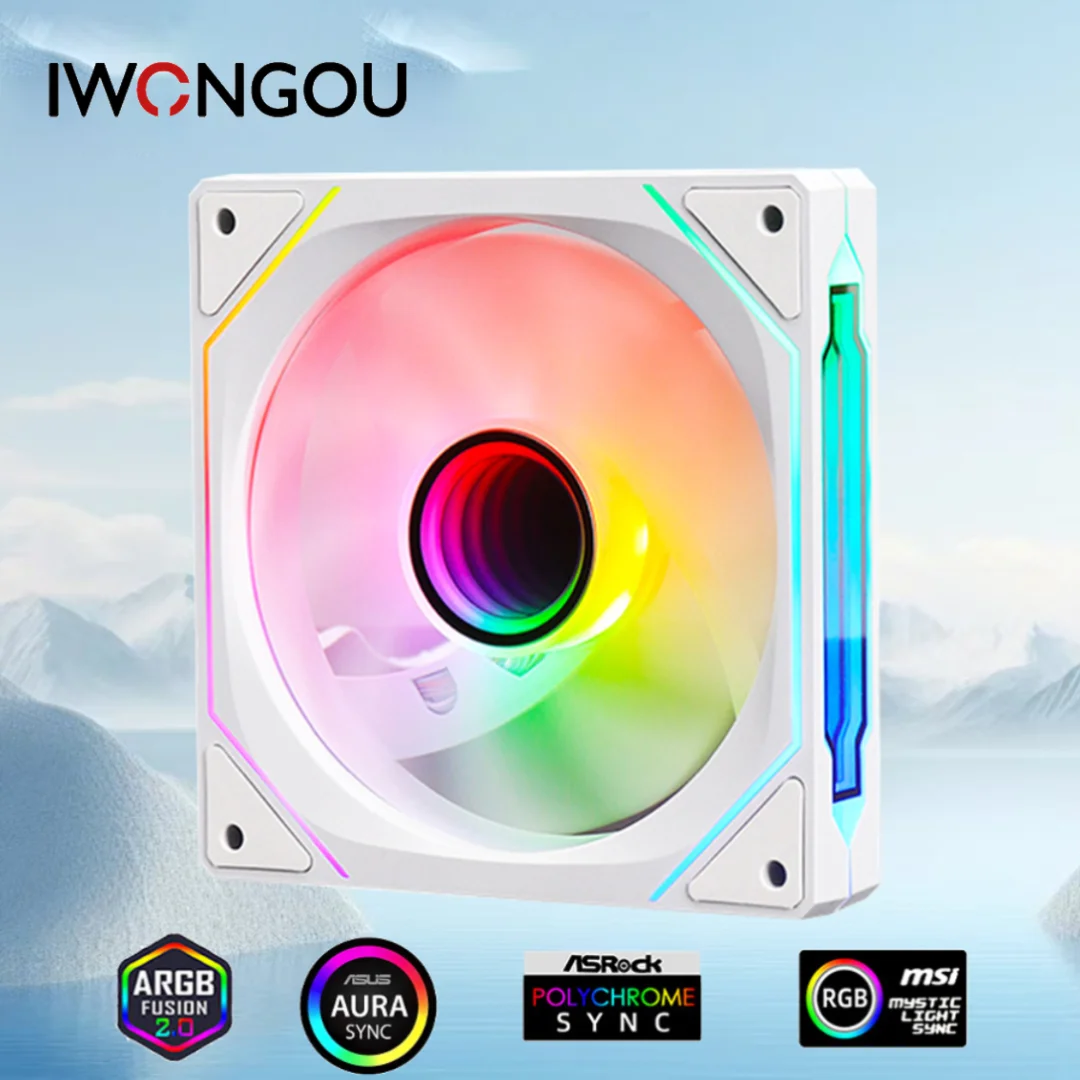 IWONGOU White 120mm ARGB Silent PWM Case Cooling Fan, Support AURA SYNC, Mystic Light, Polychrome Sync PC Chassis Radiator Fan