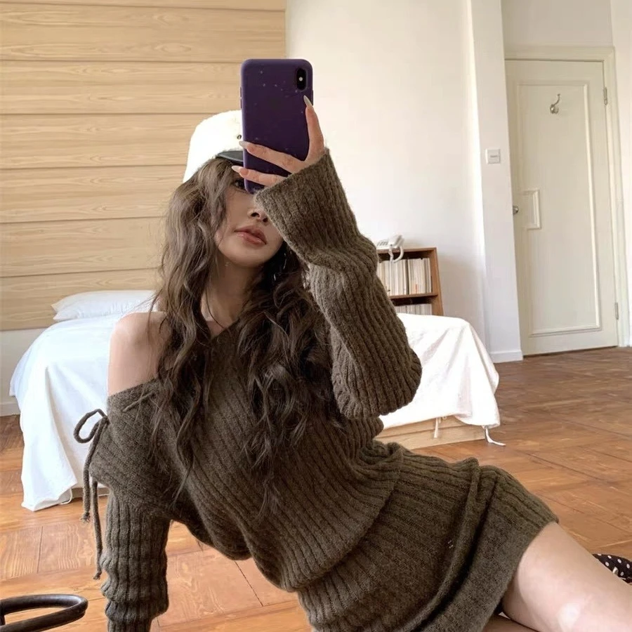 Ins Lazy Style Korean Coffee Slash Neck Tie Waist Knit Dress Fall Winter Women Daily Hot Girl Design Sense Base Layer